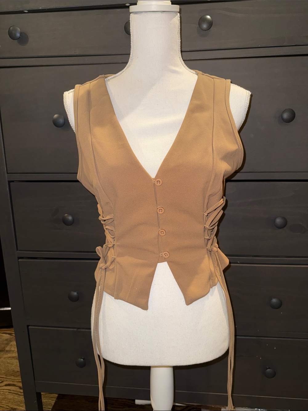 SHEIN Tan Lace-Up V-Neck Button Front Vest